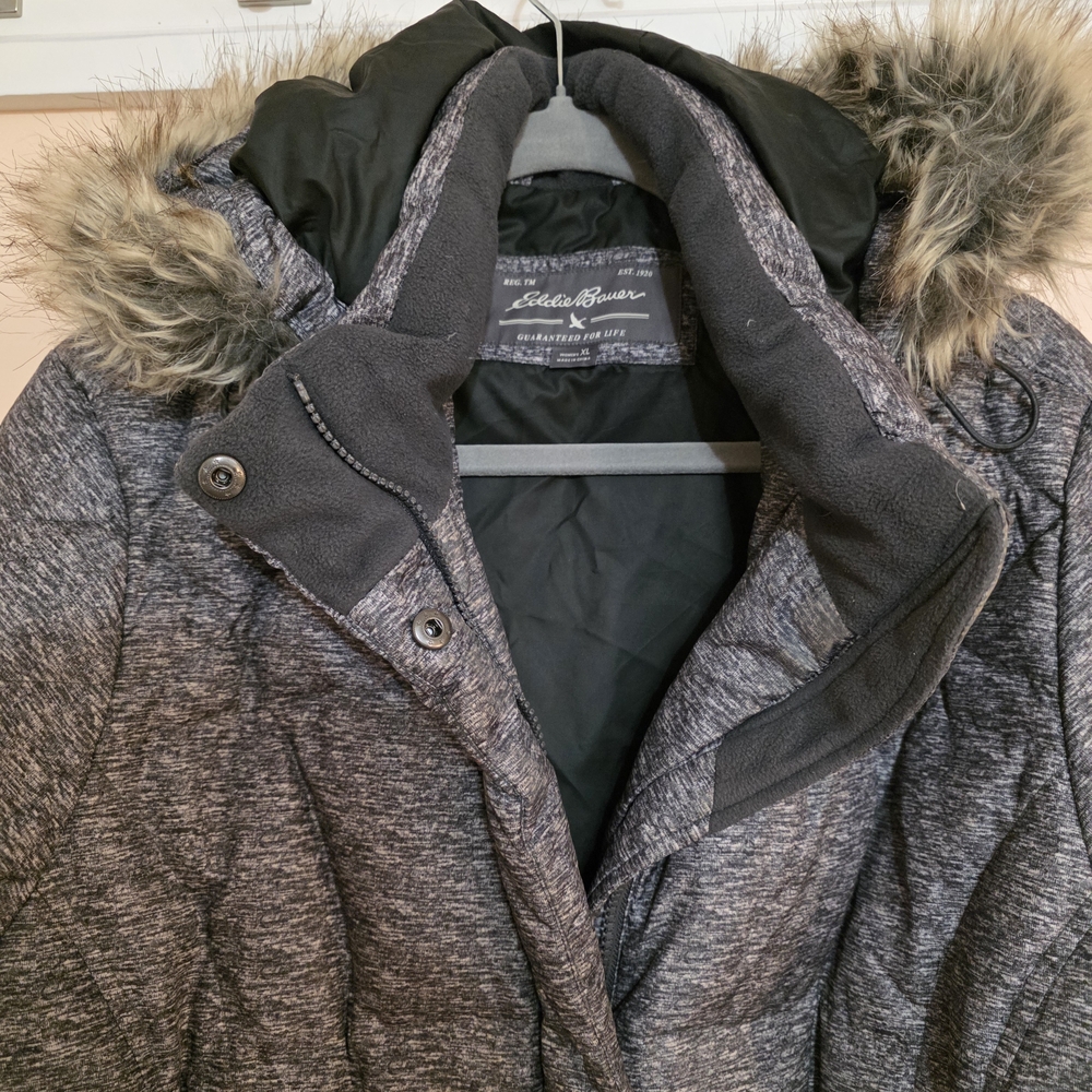 KNEE LENGTH Down Puffer Coat Eddie Bauer Women's Heather Gray Sz XL
